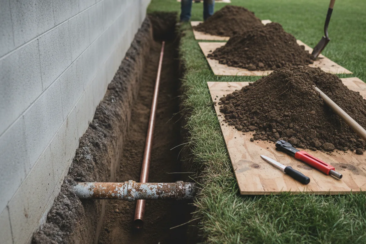 Excavated water line trench during Water Heater Repair in Animas